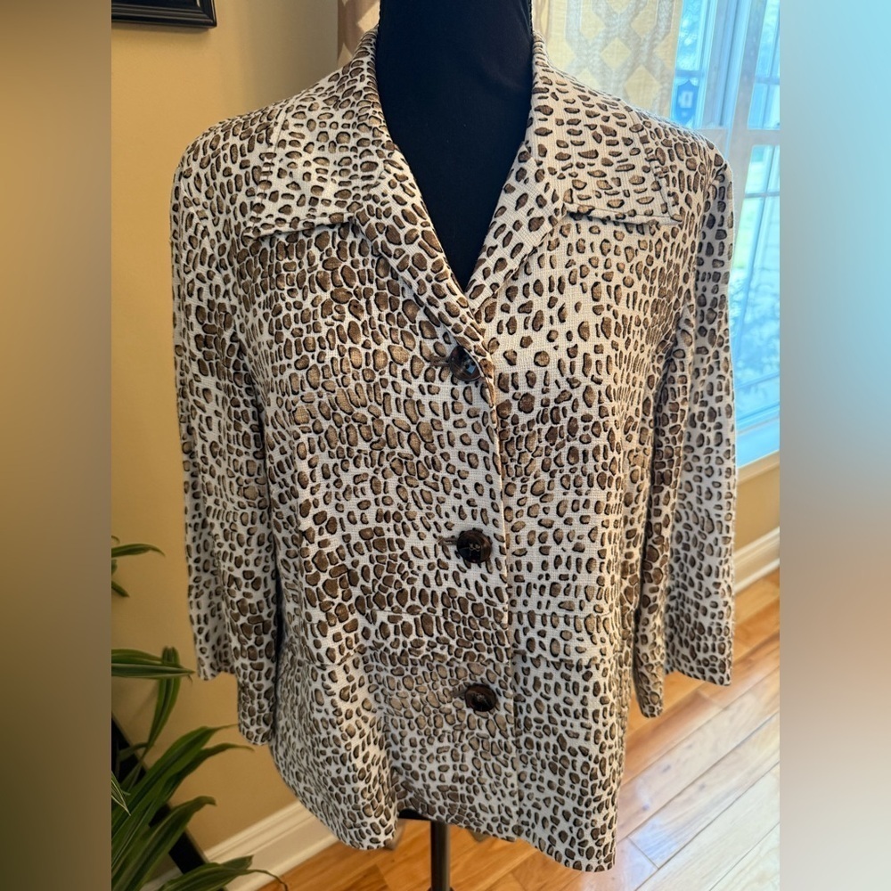 Pendleton Animal Cat Print Linen Blend Coat Blazer Jacket Brown/White Women Sz L - Picture 2 of 16